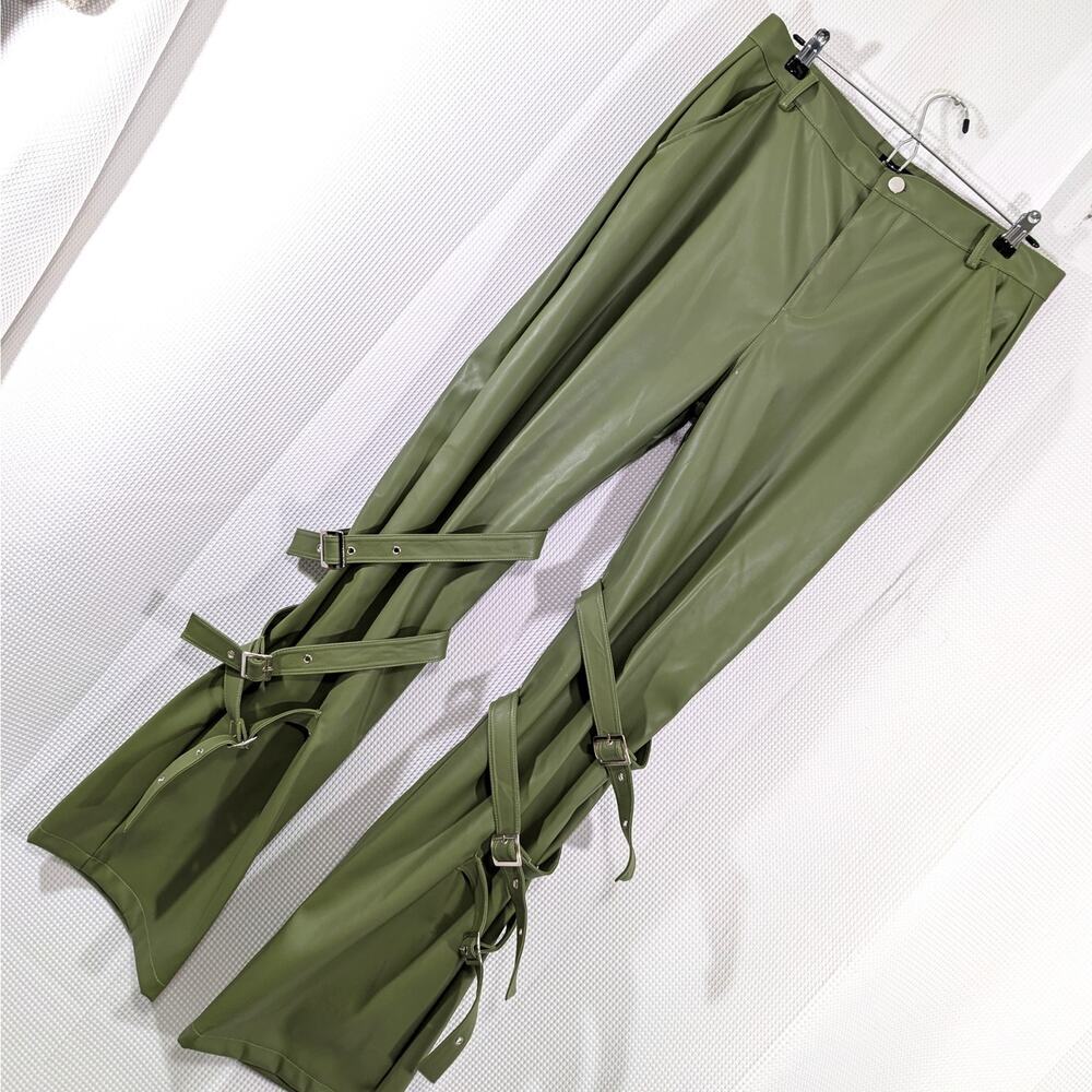 PrettyLittleThing Olive Green Flared Strap Detail Pants